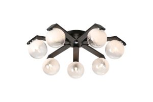 Bagno 64cm Flush Ceiling, 7 Light G9, IP44, Black/Polished Chrome/White Two-Tone Snow Specks Round Glass