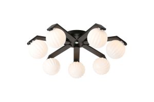 Bagno 64cm Flush Ceiling, 7 Light G9, IP44, Black/Polished Chrome/Opal Round Segment Glass