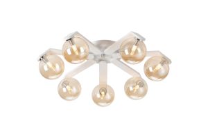 Bagno 64cm Flush Ceiling, 7 Light G9, IP44, White/Polished Chrome/Amber Smooth Round Glass
