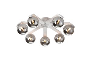 Bagno 64cm Flush Ceiling, 7 Light G9, IP44, White/Polished Chrome/Smoke Smooth Round Glass