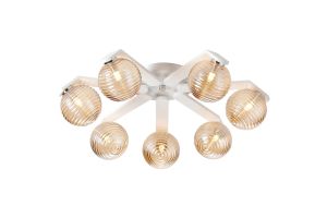 Bagno 64cm Flush Ceiling, 7 Light G9, IP44, White/Polished Chrome/Amber Ribbed Round Glass