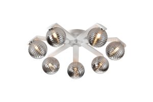 Bagno 64cm Flush Ceiling, 7 Light G9, IP44, White/Polished Chrome/Smoke Ribbed Round Glass