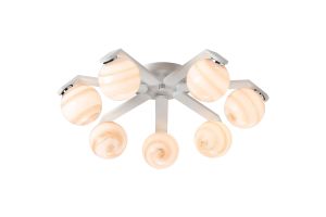Bagno 64cm Flush Ceiling, 7 Light G9, IP44, White/Polished Chrome/Brown Round Marble Effect Glass