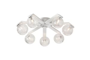 Bagno 64cm Flush Ceiling, 7 Light G9, IP44, White/Polished Chrome/Clear Dune Effect Round Glass