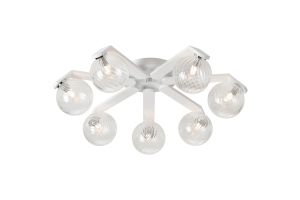 Bagno 64cm Flush Ceiling, 7 Light G9, IP44, White/Polished Chrome/Clear Swirl Round Glass