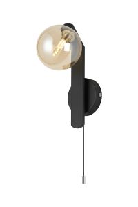 Bagno Pull Switch Wall Light, 1 Light G9, IP44, Black/Polished Chrome/Amber Smooth Round Glass