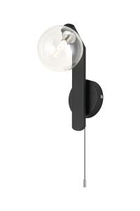 Bagno Pull Switch Wall Light, 1 Light G9, IP44, Black/Polished Chrome/Clear Smooth Round Glass