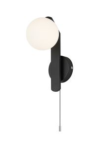 Bagno Pull Switch Wall Light, 1 Light G9, IP44, Black/Polished Chrome/Opal Smooth Round Glass
