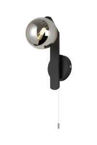 Bagno Pull Switch Wall Light, 1 Light G9, IP44, Black/Polished Chrome/Smoke Smooth Round Glass