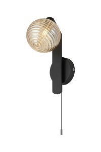 Bagno Pull Switch Wall Light, 1 Light G9, IP44, Black/Polished Chrome/Amber Ribbed Round Glass