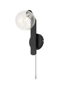Bagno Pull Switch Wall Light, 1 Light G9, IP44, Black/Polished Chrome/Clear Ribbed Round Glass