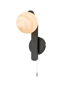 Bagno Pull Switch Wall Light, 1 Light G9, IP44, Black/Polished Chrome/Brown Round Marble Effect Glass