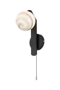 Bagno Pull Switch Wall Light, 1 Light G9, IP44, Black/Polished Chrome/Grey Round Marble Effect Glass