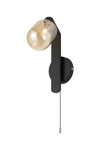 Bagno Pull Switch Wall Light, 1 Light G9, IP44, Black/Polished Chrome/Amber Smooth Tubular Glass