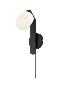 Bagno Pull Switch Wall Light, 1 Light G9, IP44, Black/Polished Chrome/Opal Smooth Tubular Glass