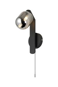 Bagno Pull Switch Wall Light, 1 Light G9, IP44, Black/Polished Chrome/Smoke Smooth Tubular Glass