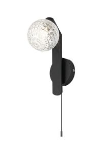 Bagno Pull Switch Wall Light, 1 Light G9, IP44, Black/Polished Chrome/Clear Cross Pattern Round Glass