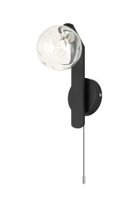 Bagno Pull Switch Wall Light, 1 Light G9, IP44, Black/Polished Chrome/Clear Waved Round Glass