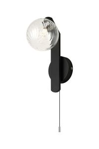Bagno Pull Switch Wall Light, 1 Light G9, IP44, Black/Polished Chrome/Clear Swirl Round Glass