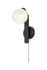 Bagno Pull Switch Wall Light, 1 Light G9, IP44, Black/Polished Chrome/White Two-Tone Snow Specks Round Glass