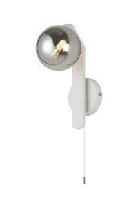 Bagno Pull Switch Wall Light, 1 Light G9, IP44, White/Polished Chrome/Smoke Smooth Round Glass
