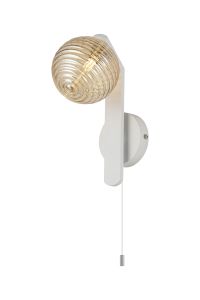 Bagno Pull Switch Wall Light, 1 Light G9, IP44, White/Polished Chrome/Amber Ribbed Round Glass