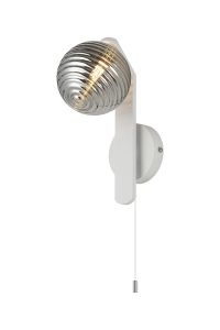Bagno Pull Switch Wall Light, 1 Light G9, IP44, White/Polished Chrome/Smoke Ribbed Round Glass
