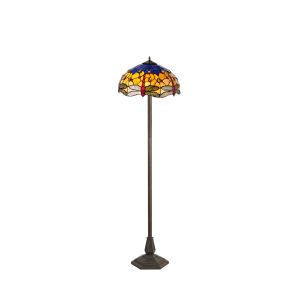 Girolamo 2 Light Octagonal Floor Lamp E27 With 40cm Tiffany Shade, Blue/Orange/Crystal/Aged Antique Brass
