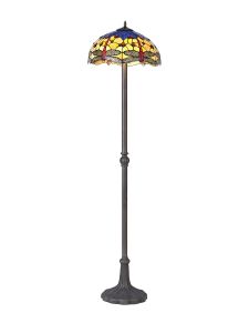 Girolamo 2 Light Leaf Design Floor Lamp E27 With 40cm Tiffany Shade, Blue/Orange/Crystal/Aged Antique Brass