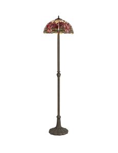 Girolamo 2 Light Leaf Design Floor Lamp E27 With 40cm Tiffany Shade, Purple/Pink/Crystal/Aged Antique Brass