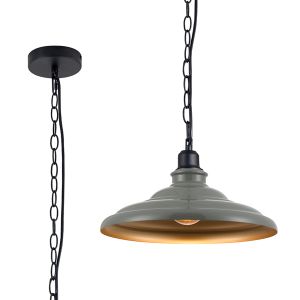 Carman 35cm 1 Light Pendant, Round Tiered Metal Shade, Matt Black/Polished Grey/Gold