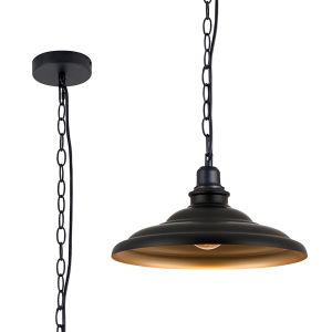 Carman 35cm 1 Light Pendant, Round Tiered Metal Shade, Matt Black/Matt Black/Gold