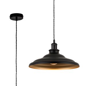 Carman 35cm 1 Light Knurled Pendant, Round Tiered Metal Shade, Matt Black/Black/Matt Black/Gold