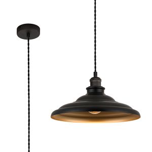 Carman 35cm 1 Light Knurled Pendant, Round Tiered Metal Shade, Pewter/Dark Grey/Matt Black/Gold