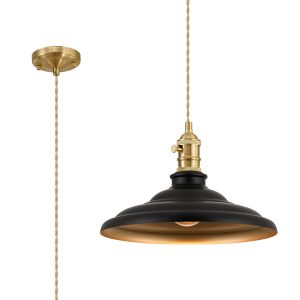 Carman 35cm 1 Light Braided Pendant, Round Tiered Metal Shade, Brass/Pale Gold/Matt Black/Gold