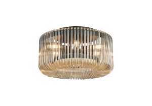 Aster 40cm Round Flush Ceiling Light, 6 x E14, Black/Smoke Brown Glass