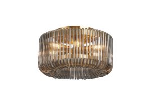 Aster 40cm Round Flush Ceiling Light, 6 x E14, Brass/Smoke Glass