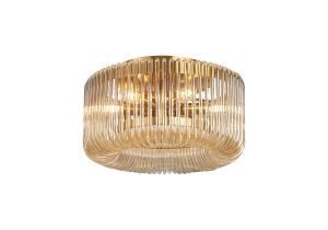 Aster 40cm Round Flush Ceiling Light, 6 x E14, Brass/Smoke Brown Glass