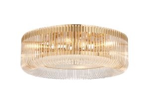 Aster 60cm Round Flush Ceiling Light, 9 x E14, Brass/Clear Glass