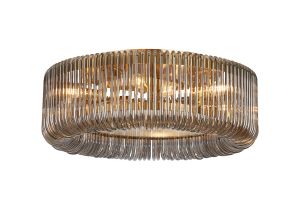 Aster 60cm Round Flush Ceiling Light, 9 x E14, Brass/Smoke Glass