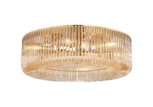 Aster 60cm Round Flush Ceiling Light, 9 x E14, Brass/Smoke Brown Glass