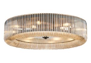 Aster 78cm Round Flush Ceiling Light, 12 x E14, Black/Smoke Brown Glass