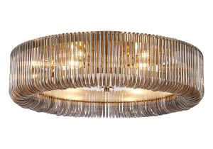 Aster 78cm Round Flush Ceiling Light, 12 x E14, Brass/Smoke Glass