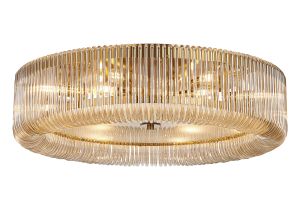 Aster 78cm Round Flush Ceiling Light, 12 x E14, Brass/Smoke Brown Glass