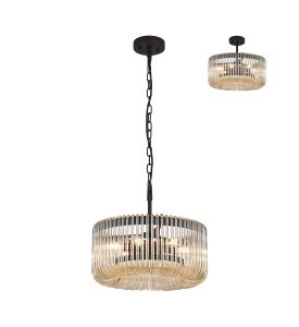 Aster 40cm Round Pendant, 6 x E14, Black/Smoke Brown Glass