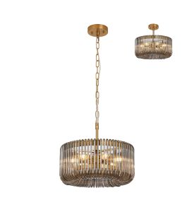 Aster 40cm Round Pendant, 6 x E14, Brass/Smoke Glass
