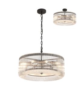 Aster 60cm Round Pendant/Semi Ceiling, 9 x E14, Black/Clear Glass