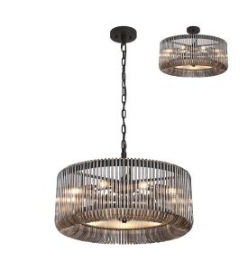 Aster 60cm Round Pendant/Semi Ceiling, 9 x E14, Black/Smoke Glass