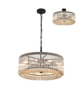 Aster 60cm Round Pendant/Semi Ceiling, 9 x E14, Black/Smoke Brown Glass