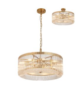 Aster 60cm Round Pendant/Semi Ceiling, 9 x E14, Brass/Clear Glass